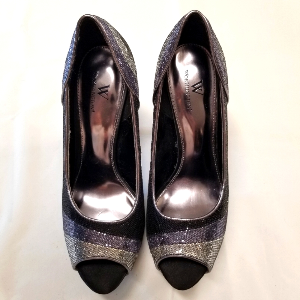 Worthington Woman Size 8 1/2M Spike Heels Glitter Sparkly Black Silver Glitter